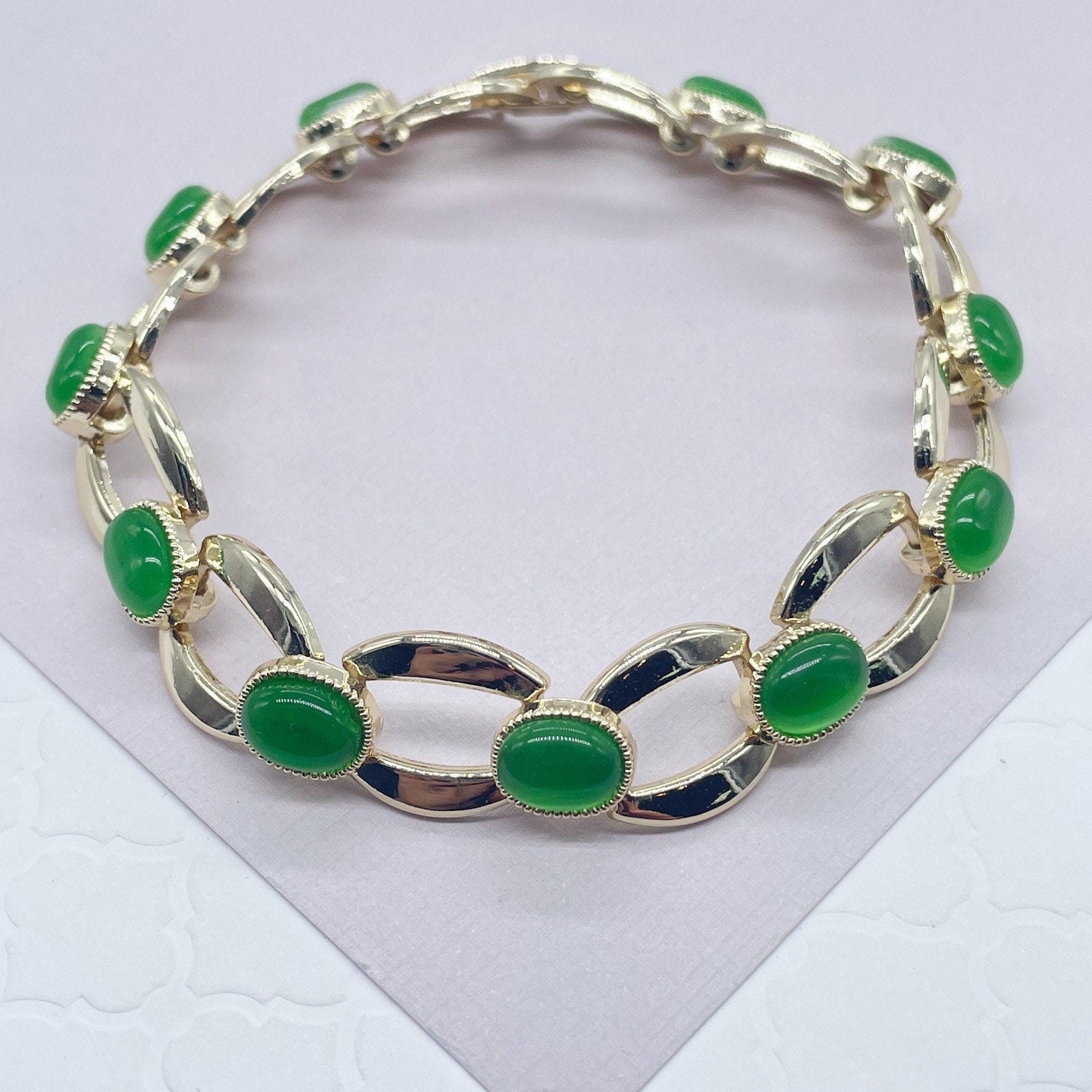 18k Gold Layered Link Bracelet With Oval Lime Green Stone Bezel Settin –  Bella Joias Miami