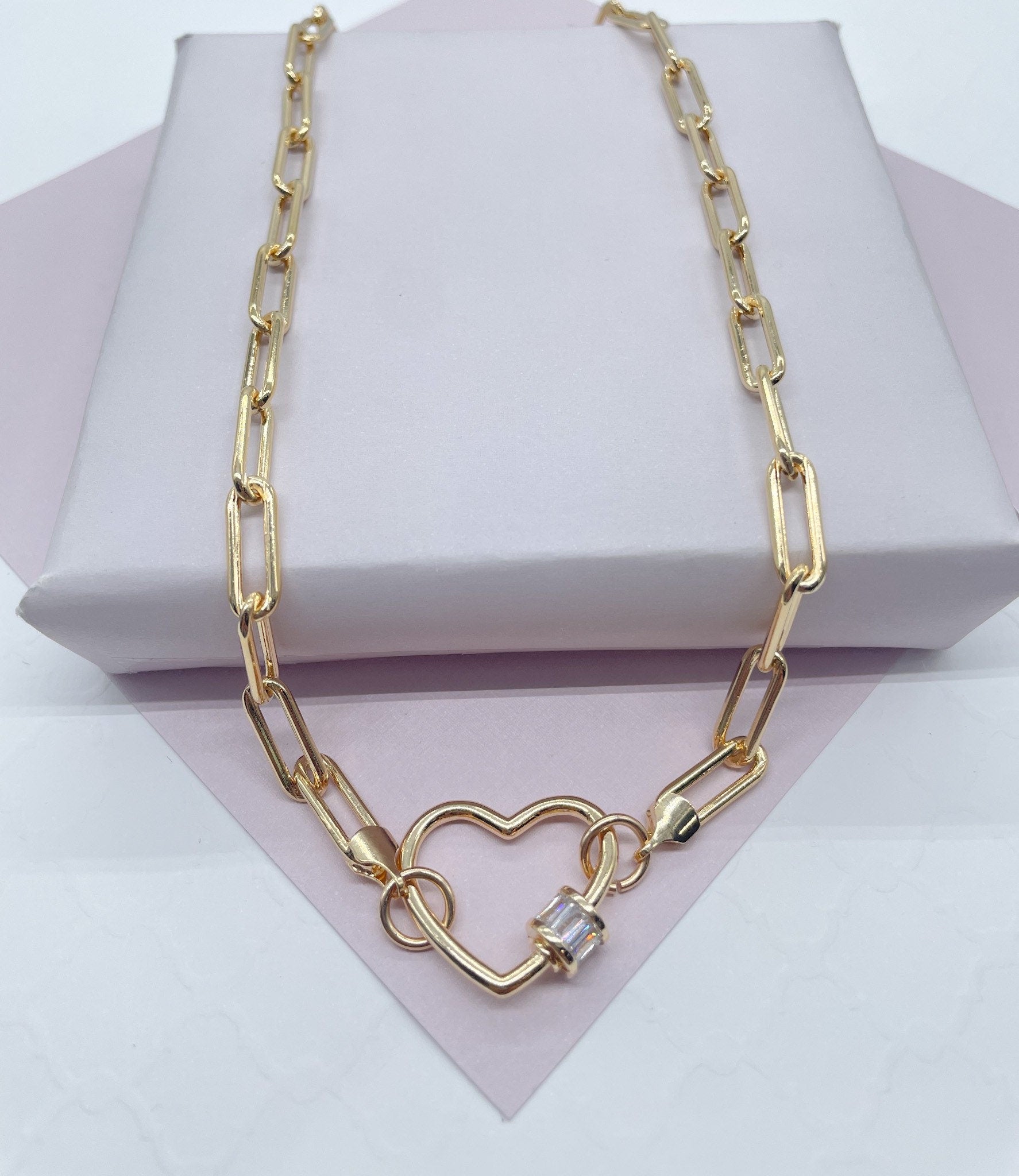 Paperclip Heart Carabiner Pendant Necklace 14K Rose Gold