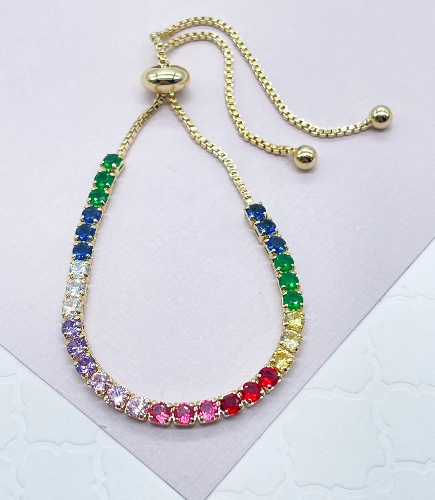 18k Gold Filled Colorful Cubic Zirconia Adjustable Bracelet , Arm Candy Jewelry,