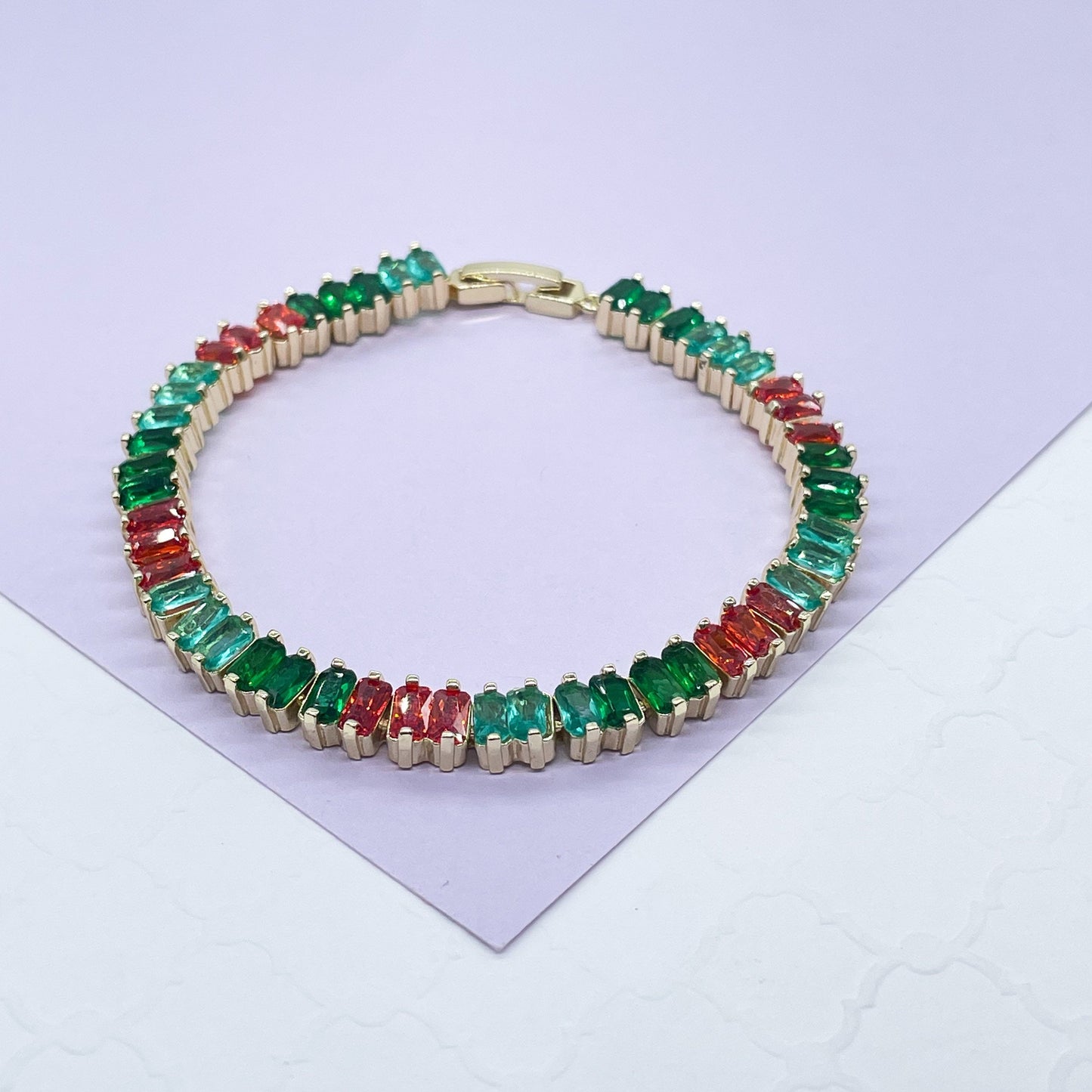 18k Gold Filled Jade Colored Baguette Zirconia Stone Bracelet With touches of Bright Red