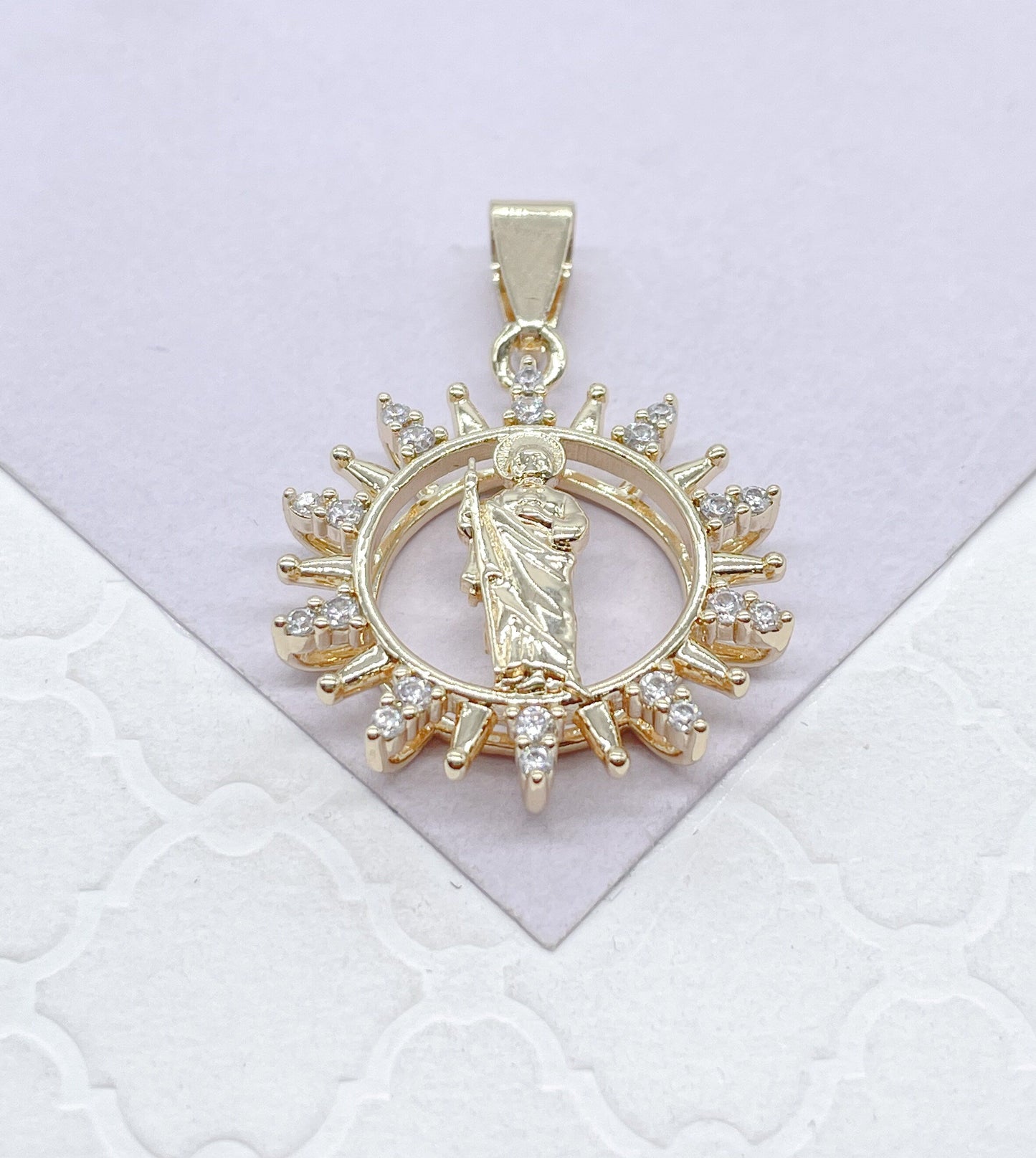 18k Colorful St Jude Pendant Crowned with Multi-Color and White CZ Stones