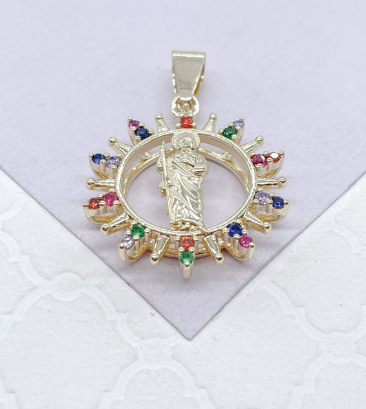 18k Colorful St Jude Pendant Crowned with Multi-Color and White CZ Stones