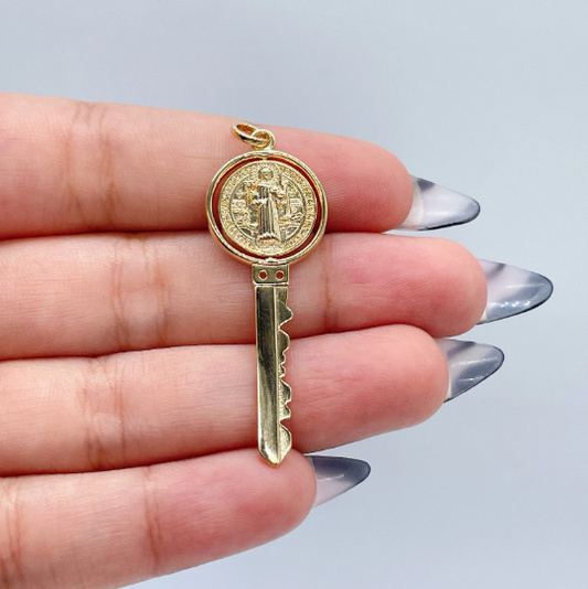 Swivel Double Sided 18k Gold Layered San Benito Engraved Key Pendant