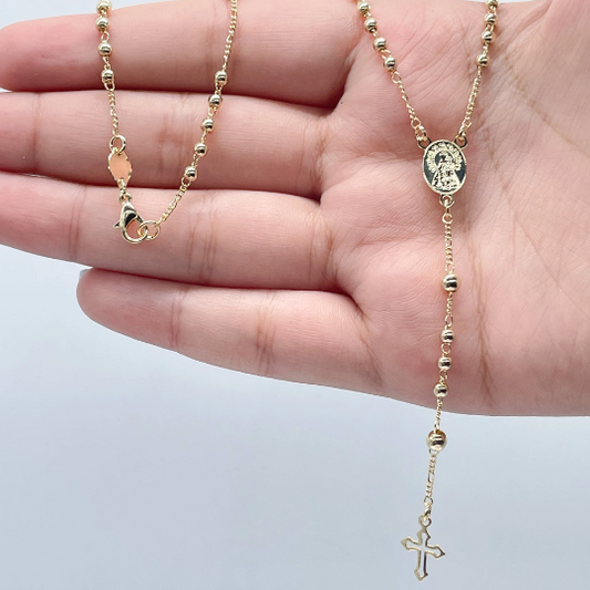 18k Gold Layered 3mm beaded Rosary with small round Virgin Mary Medal and Tiny cross