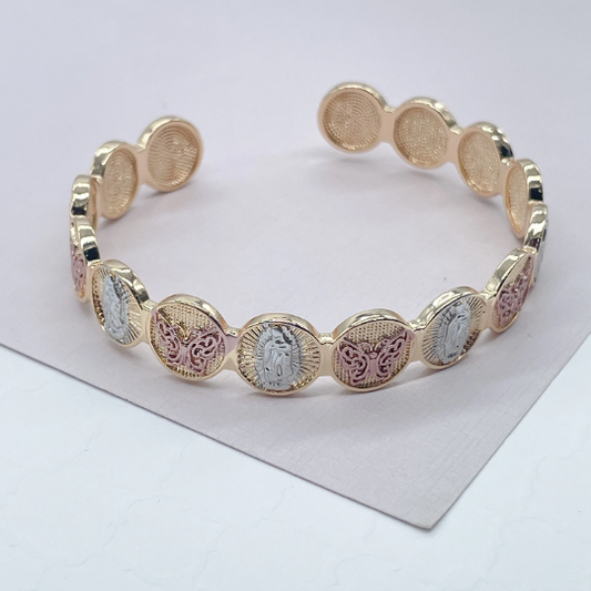 18k Gold Layered Beaded Bangle Bracelet Patterned With Virgin Mary and Butterfly