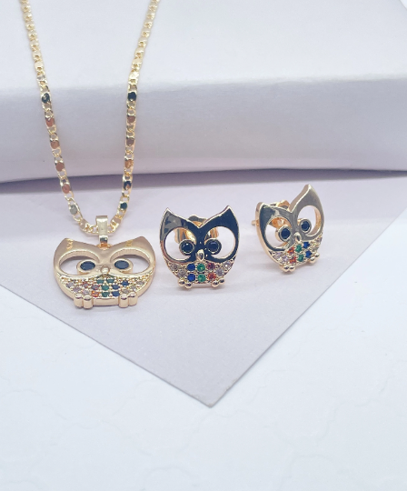 18k Gold Layered Colorful Owl Set, Boo Set