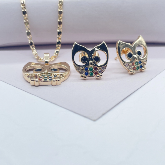 18k Gold Layered Colorful Owl Set, Boo Set