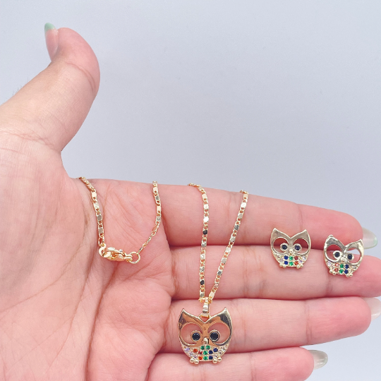 18k Gold Layered Colorful Owl Set, Boo Set