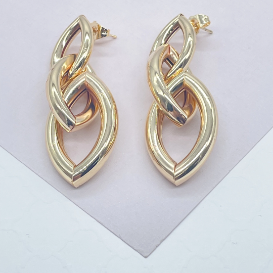 18k Gold Layered Single Long Oval Chunky Link Earrings