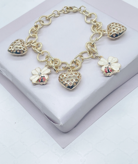 18k Gold Layered Textured Link Charm Bracelet With Puffy Heart