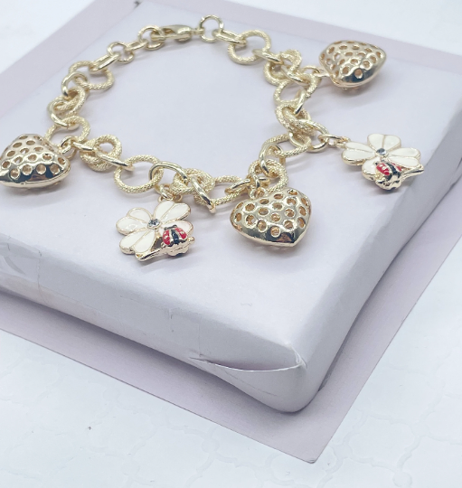 18K Gold Layered Pink Charm Bracelet with Heart & Keys Wholesale Jewelry