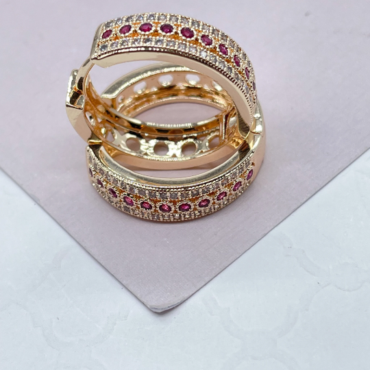 18k Gold Layered Pave Hoops With 1 Row of colorful Stones