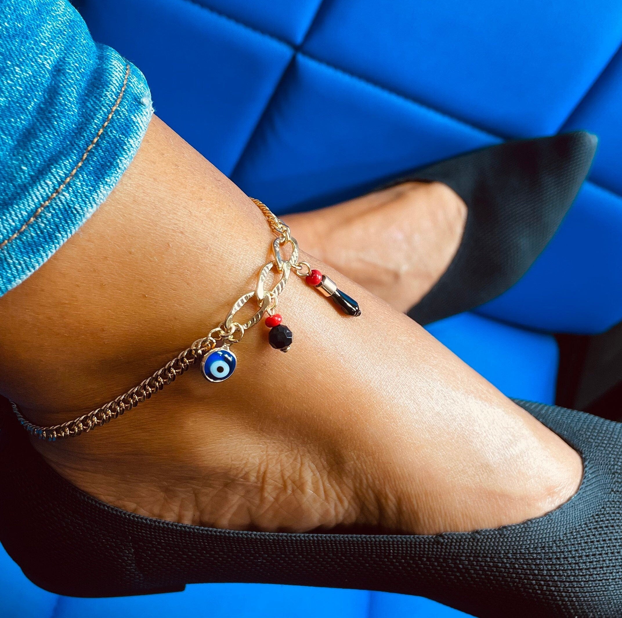 18k Gold Layered Protection Anklet Made With Cuban Link Chain And Featuring  3