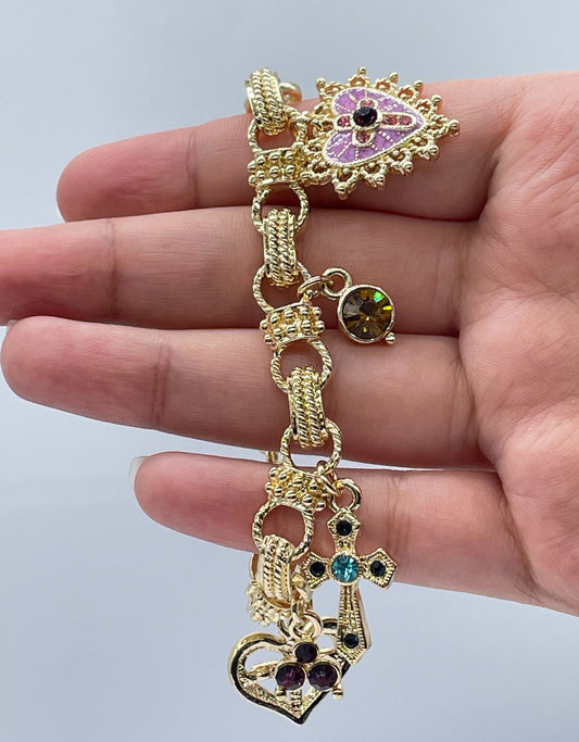 18k Gold Layered Protection Bracelet Featuring Enamel Charms, Cross, Purple