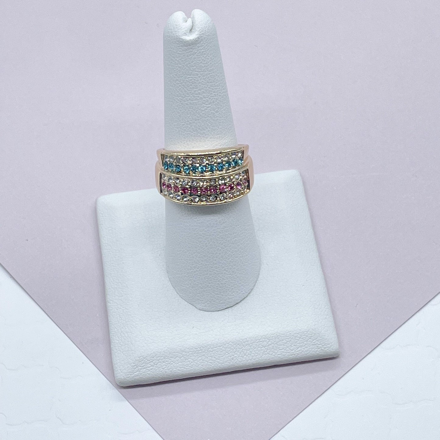 18k Gold Layered Colorful Patterned Ring Featuring Light Blue, Magenta And