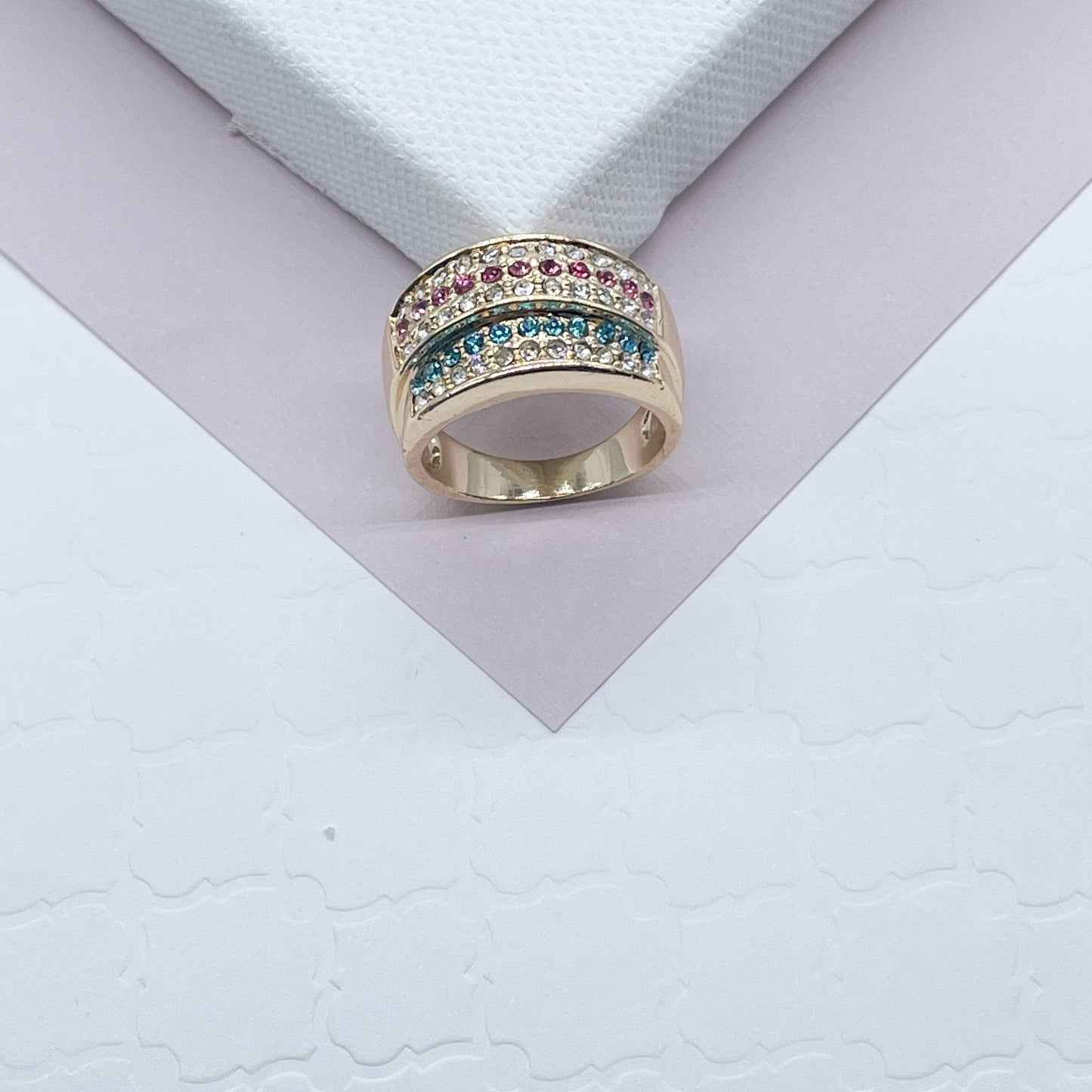 18k Gold Layered Colorful Patterned Ring Featuring Light Blue, Magenta And