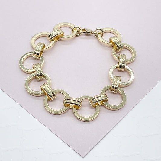 Chunky 18K Gold Layered 15mm Designed Plain Circle Link Bracelet Hypoallergenic