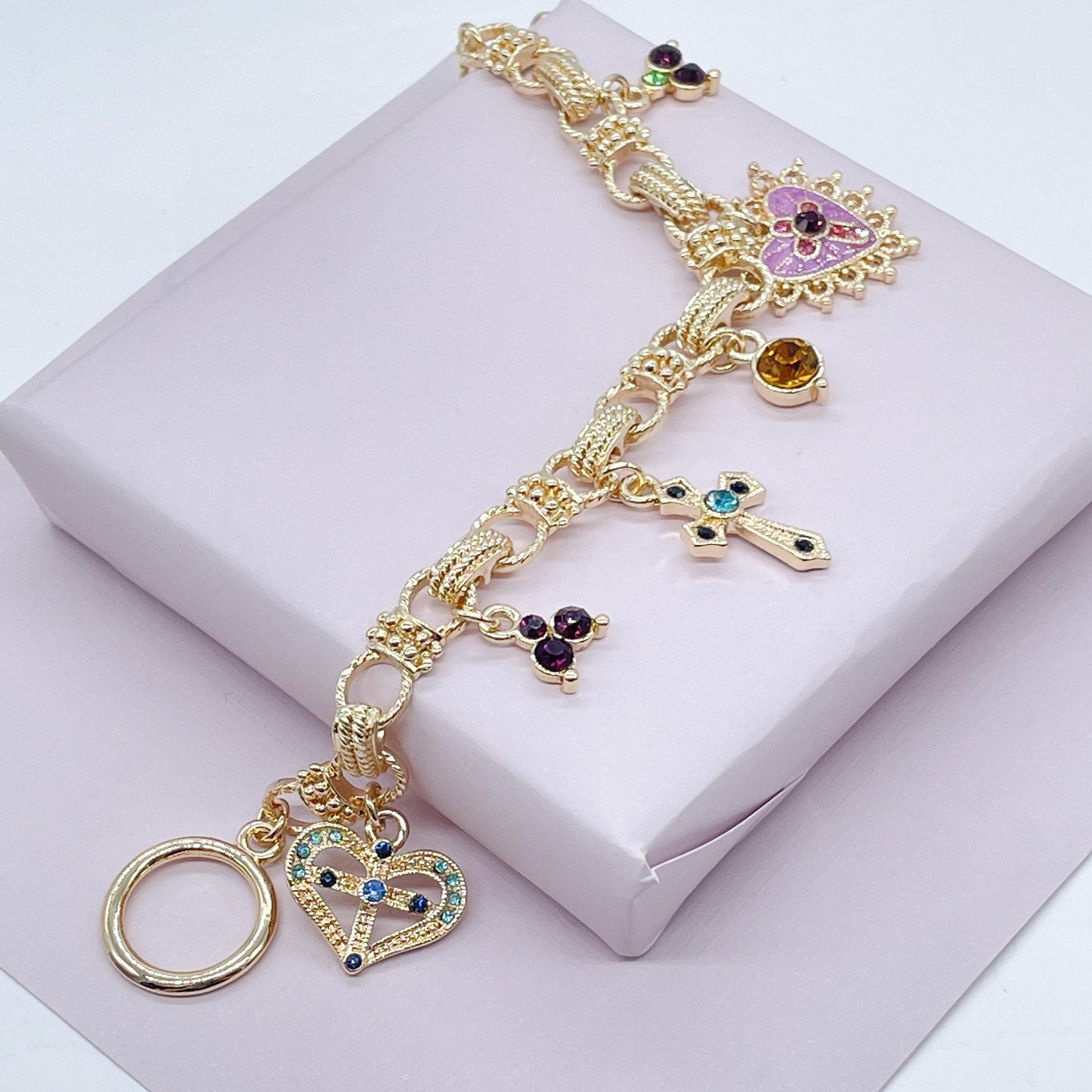 18k Gold Layered Protection Bracelet Featuring Enamel Charms, Cross, Purple