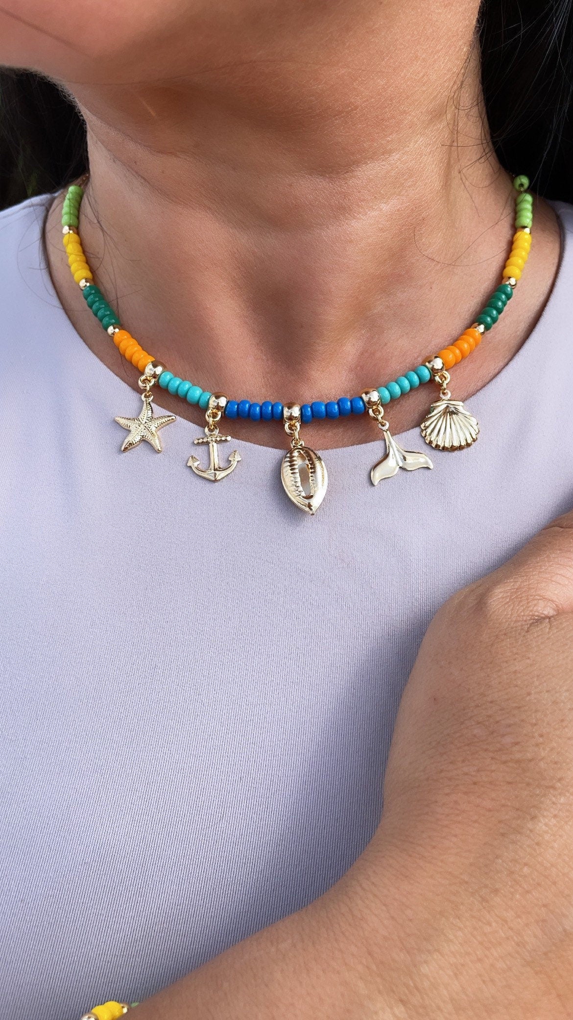18k Gold Layered Colorful Beads Sea Inspired Charm Set Bracelet n Necklace Marine
