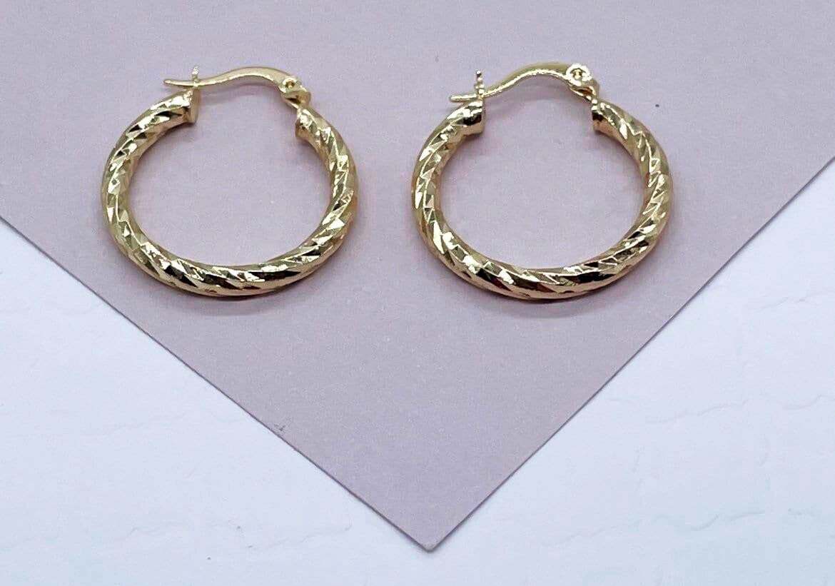 18k Gold Filled Small Twisted Diamond Cut Textured Hoop Earrings 25mm Diameter