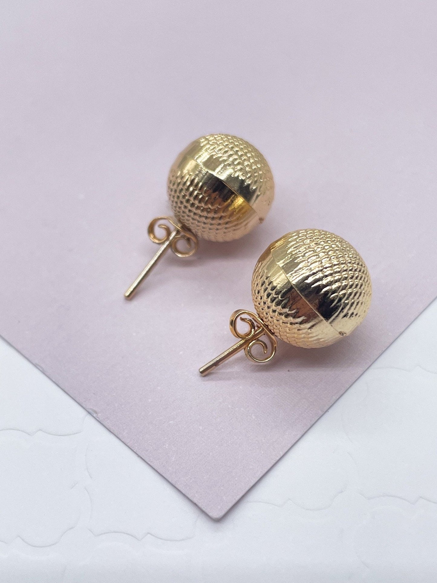 18k Gold Layered Diamond-Cut Cross Pattern Ball Stud Earrings Available Sizes