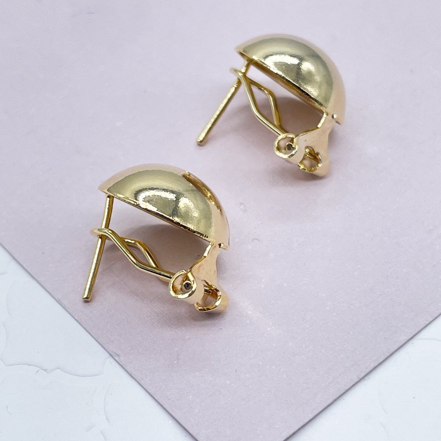 18k Gold Layered Concave Round Stud Earrings With Safe Post And Clip, Half Ball