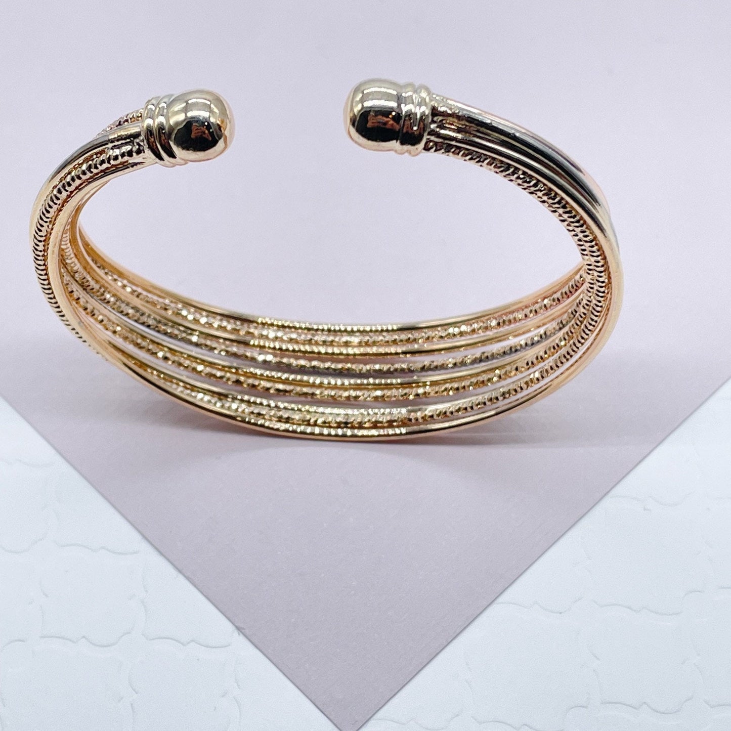 18k Gold Layered Tri-Color Bangle with 9 Sparkly Bracelets in One