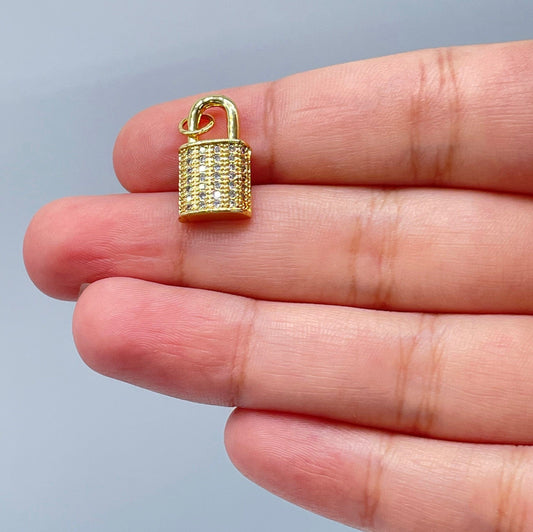 18k Gold Layered 1.5mm Lock Charm in Micro Pave Settings