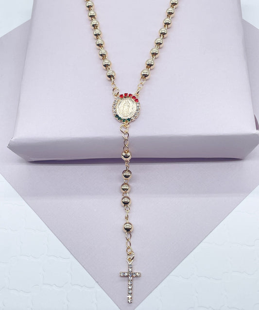 18k Gold Layered Solid Bead Rosary Necklace with Green Clear And Red Cubic