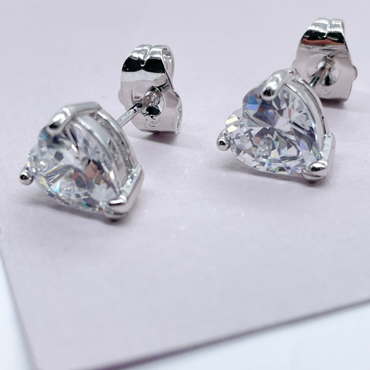 18k Silver Layered 9mm Heart Shape Cubic Zirconia Stud Earrings For Wholesale