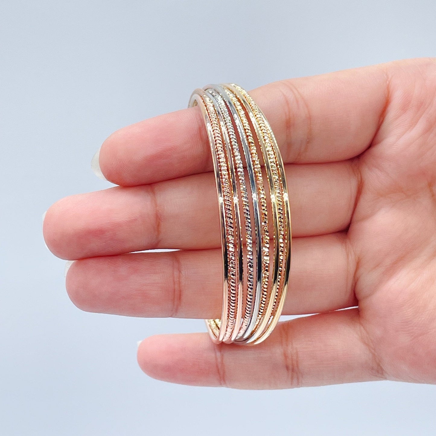 18k Gold Layered Tri-Color Bangle with 9 Sparkly Bracelets in One