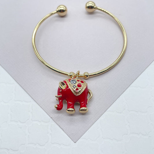 18k Gold Layered Puffy Red Enamel Elephant Cuff Bangle Bracelet in Gold Wholesale