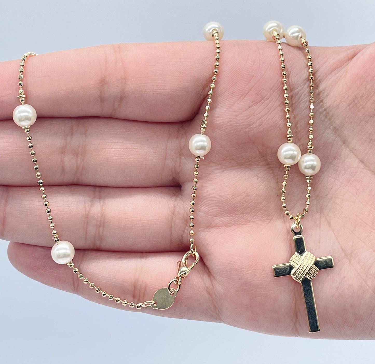 18k Gold Layered Cream Pearl Rosary Style Necklace, Fashion Catholic Pearl Rosary