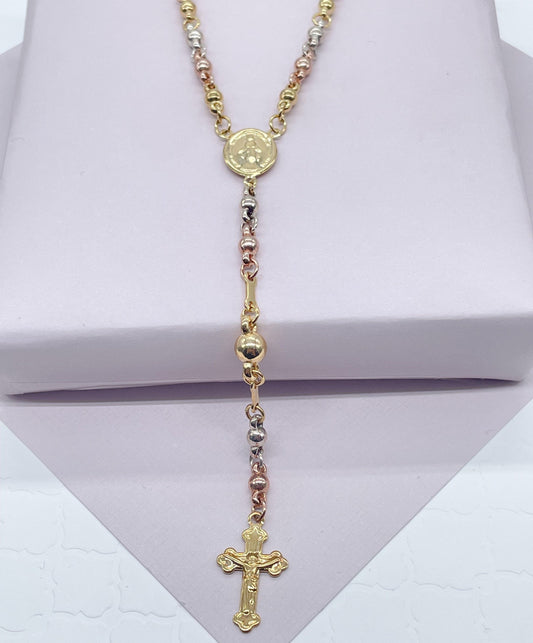 Trendy 18k Gold Layered Tri Color Bead Rosary Necklace Featuring Our Lady of