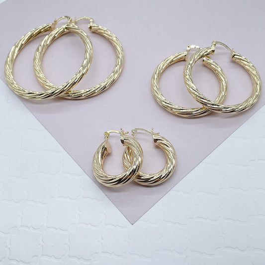 18k Gold Layered Hollow Italian Twist 5mm Thick Hoop Earrings, Gold Shiny Twisted