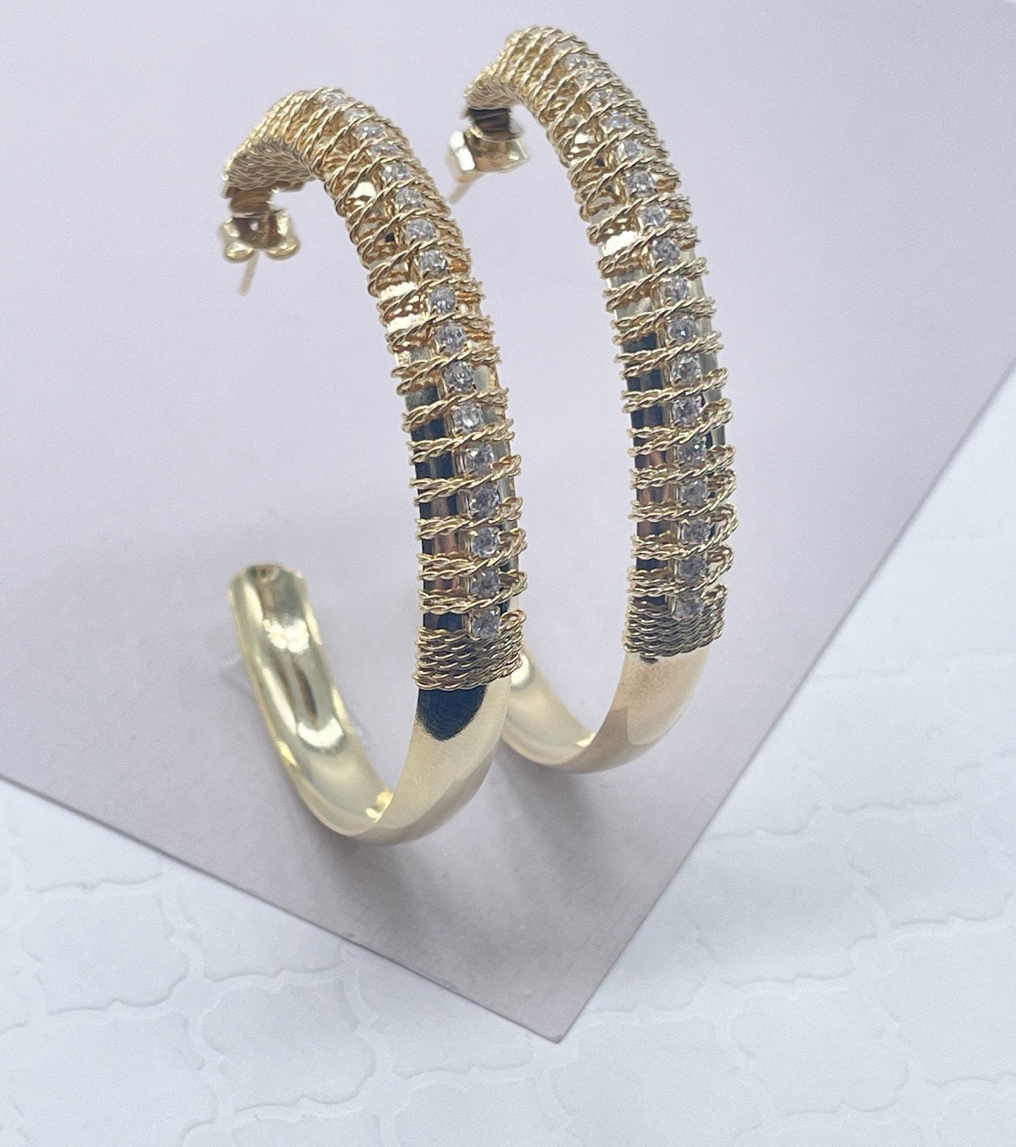 18k Gold Layered Hoop Earrings Hand Wrapped With Gold Twisted Thread With Cubic