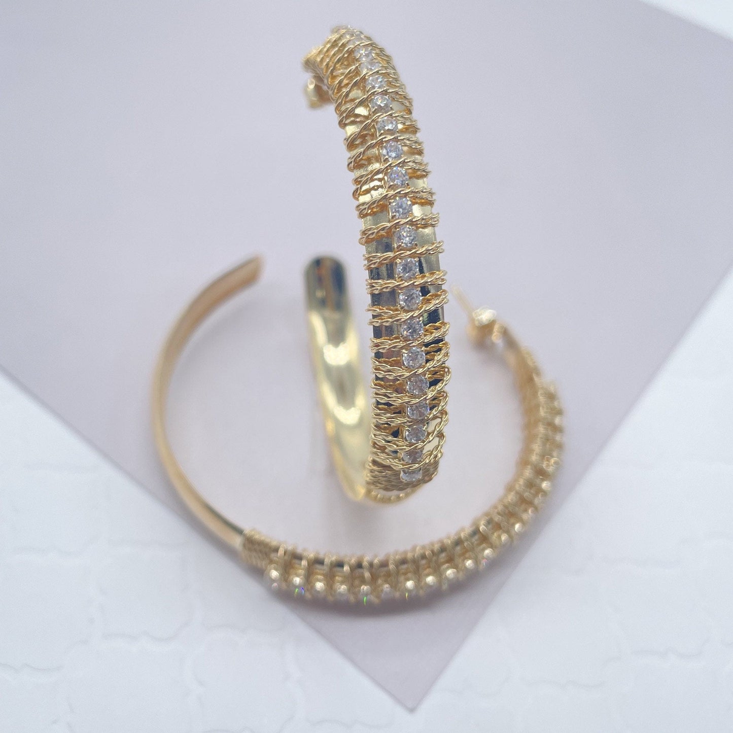 18k Gold Layered Hoop Earrings Hand Wrapped With Gold Twisted Thread With Cubic