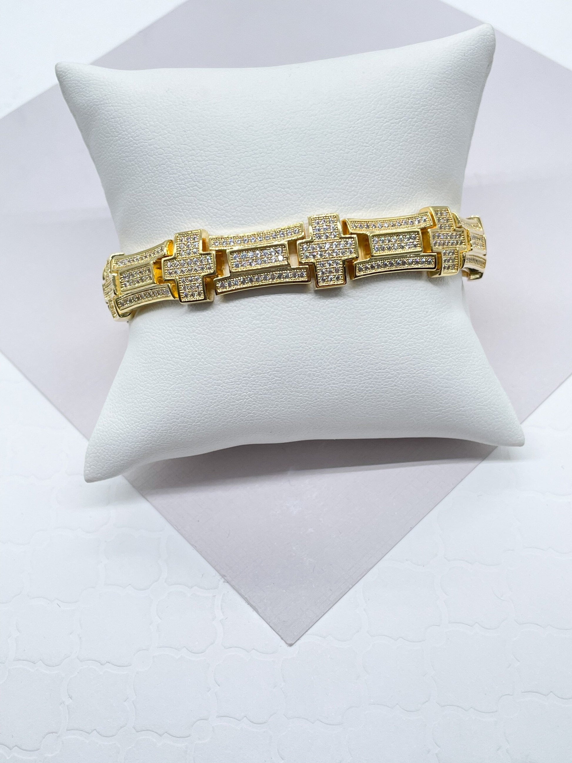 9mm Iced 18k Gold Layered Men's Cross Link Bracelet With Micro Pave Cl –  Bella Joias Miami