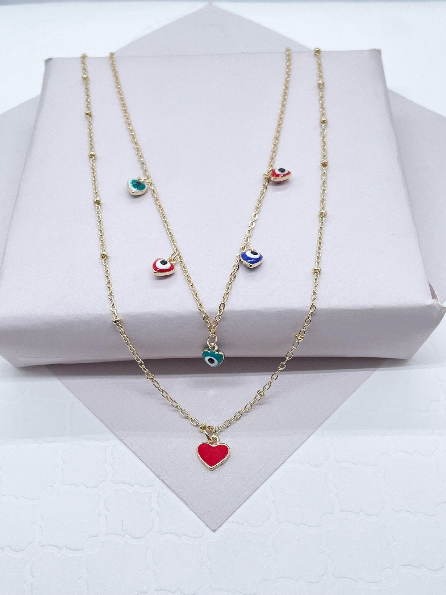 18k Gold Layered Layered Thin Satellite Chain Necklaces with 5 Colorful Evil Eyes