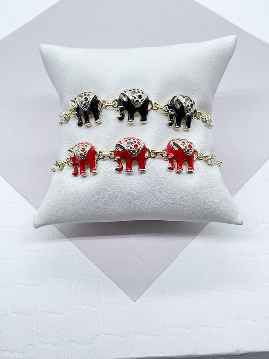 18k Gold Layered Multi Color Enamel Puffy Elephant Bracelets, Blue, Red, White