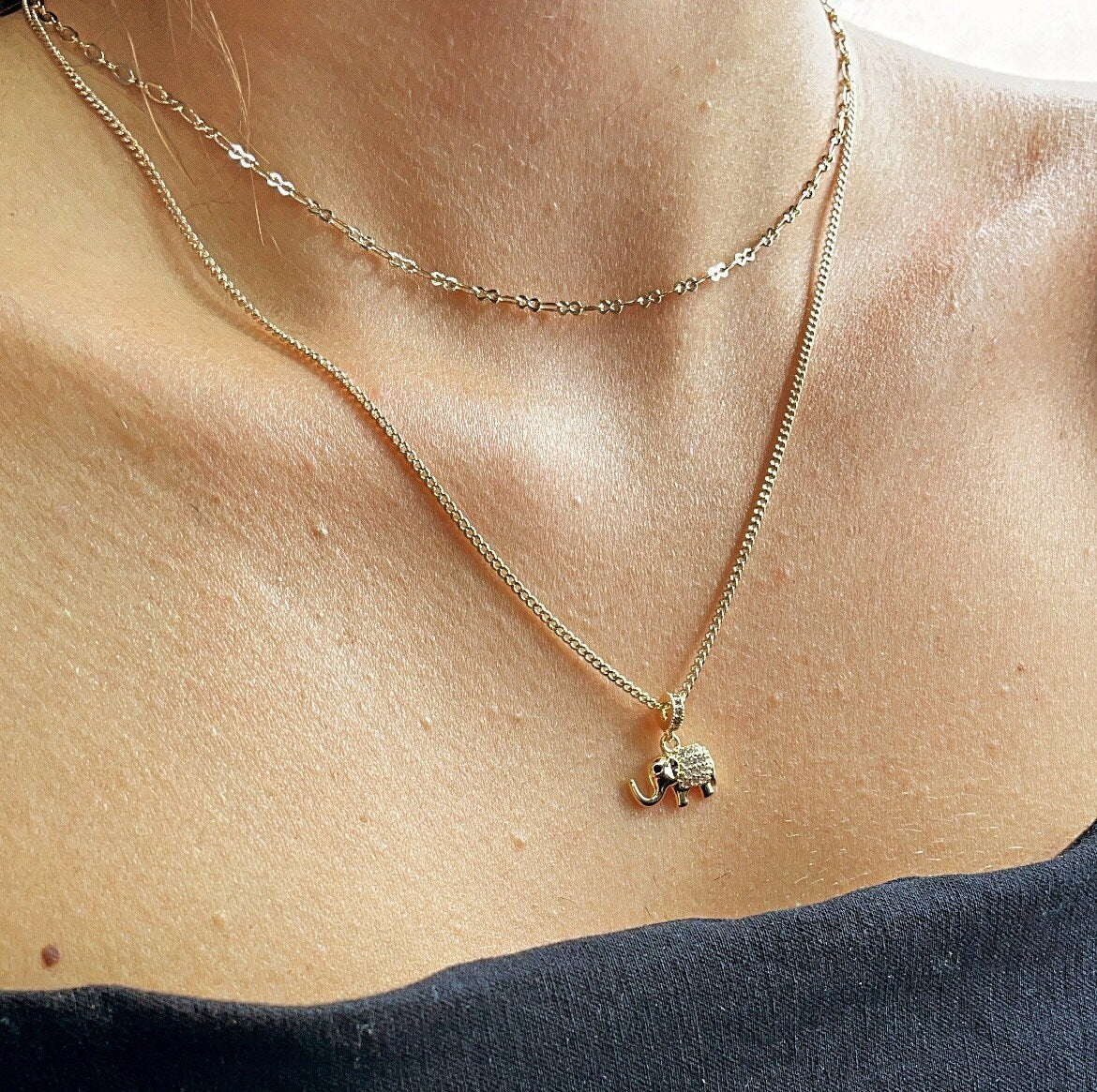 18k Gold Filled Layered Thin Curb And Cable Chain Necklaces Featuring Cute Elephant Charm Good tune Jewelry