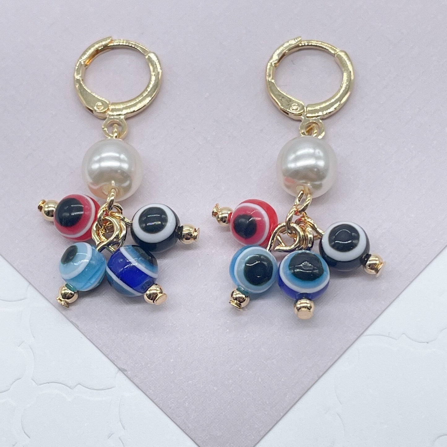 18k Gold Layered Pearl and Evil Eyes Dangling Earrings Featuring Red, Blue, Black