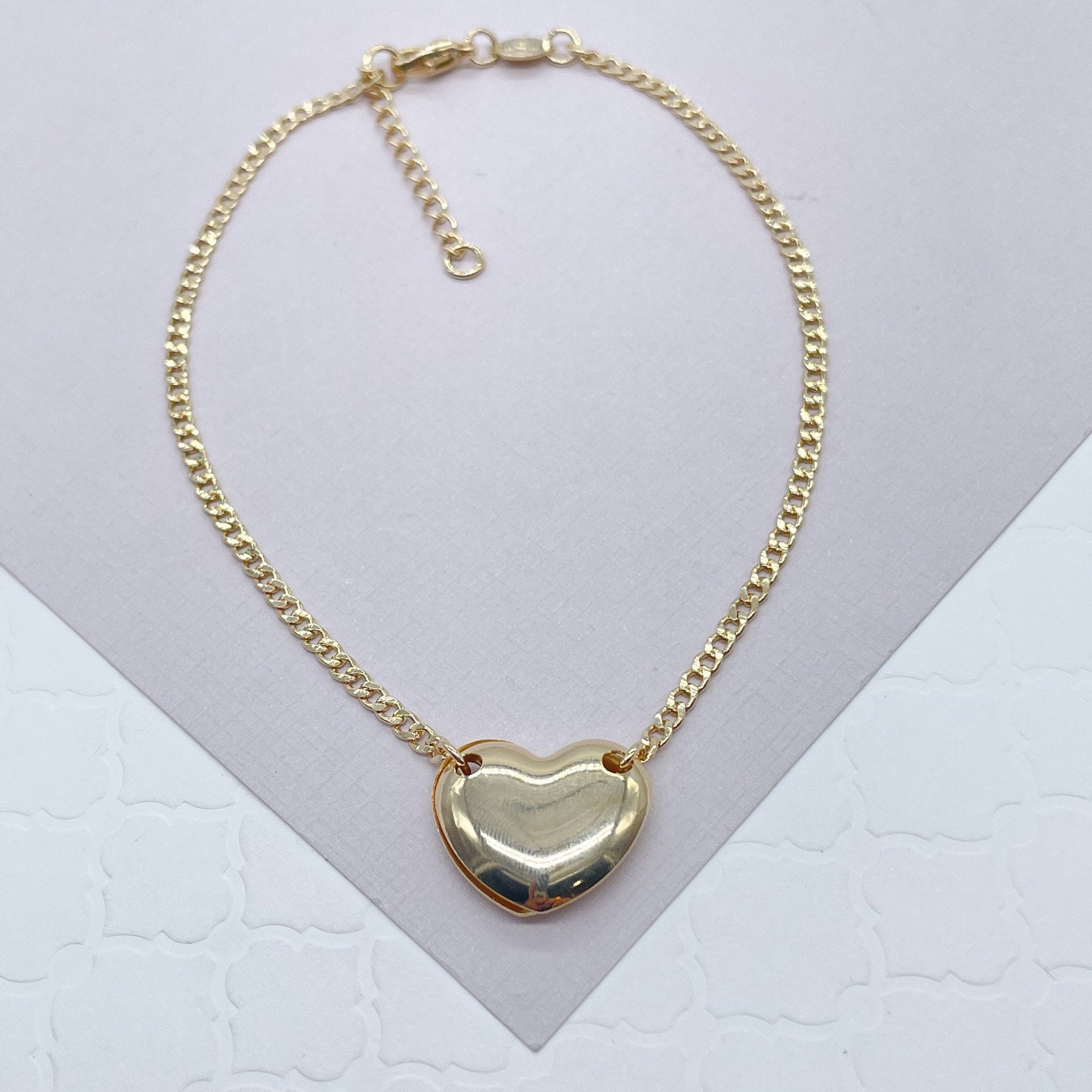 18k Gold Layered Solitaire Cute Puffy Heart Charm Anklet in Curb