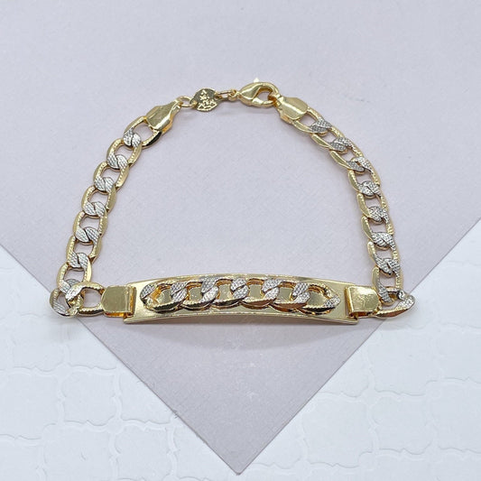 9mm 18k Gold Layered Two Tone Unisex ID Bracelet Featuring Curb Chain Detail