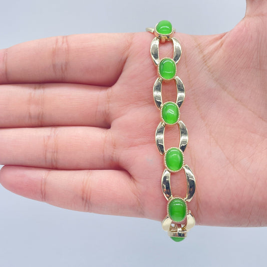 18k Gold Layered Link Bracelet With Oval Lime Green Stone Bezel Setting Wholesale