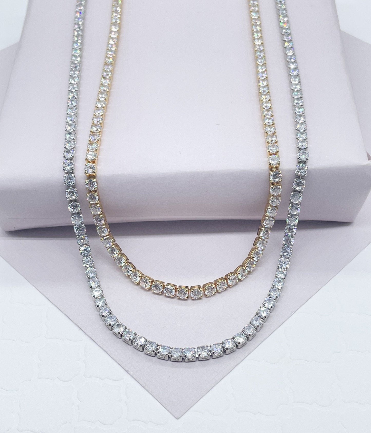 18k Gold Layered 3mm Tennis Necklace Available In Silver Cubic Zirconia