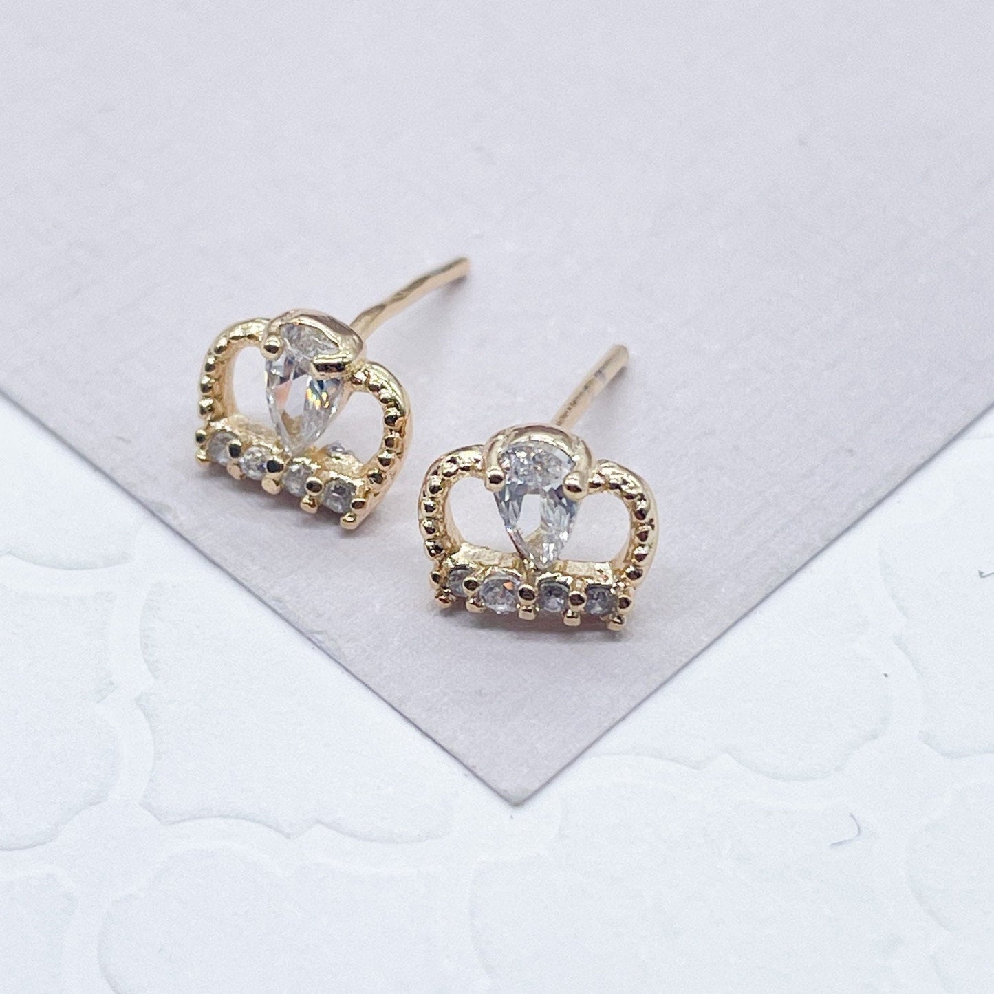 18k Gold Layered Small Crown Cubic Zirconia Stud Earrings Dainty Jewelry