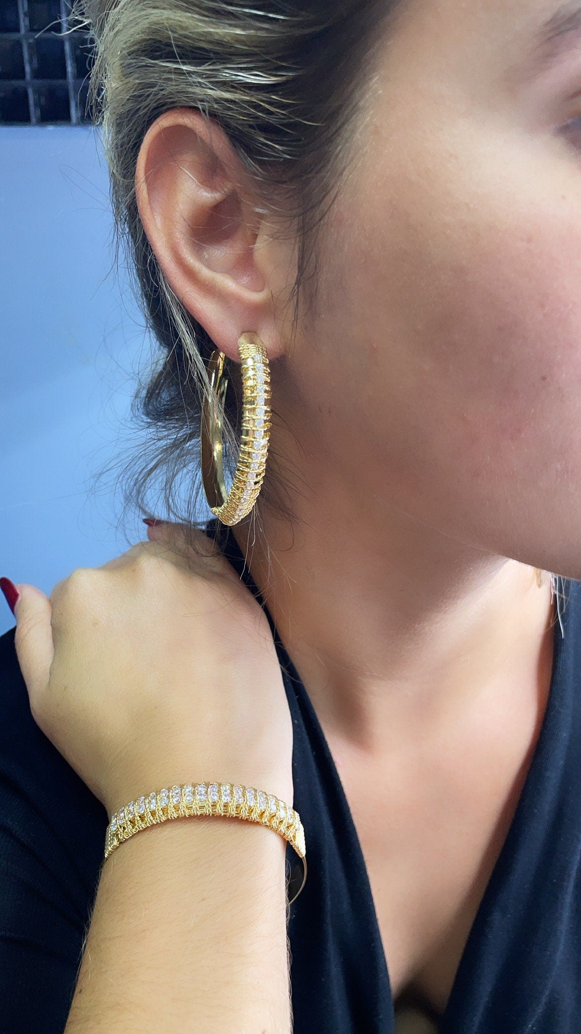 18k Gold Layered Hoop Earrings Hand Wrapped With Gold Twisted Thread With Cubic