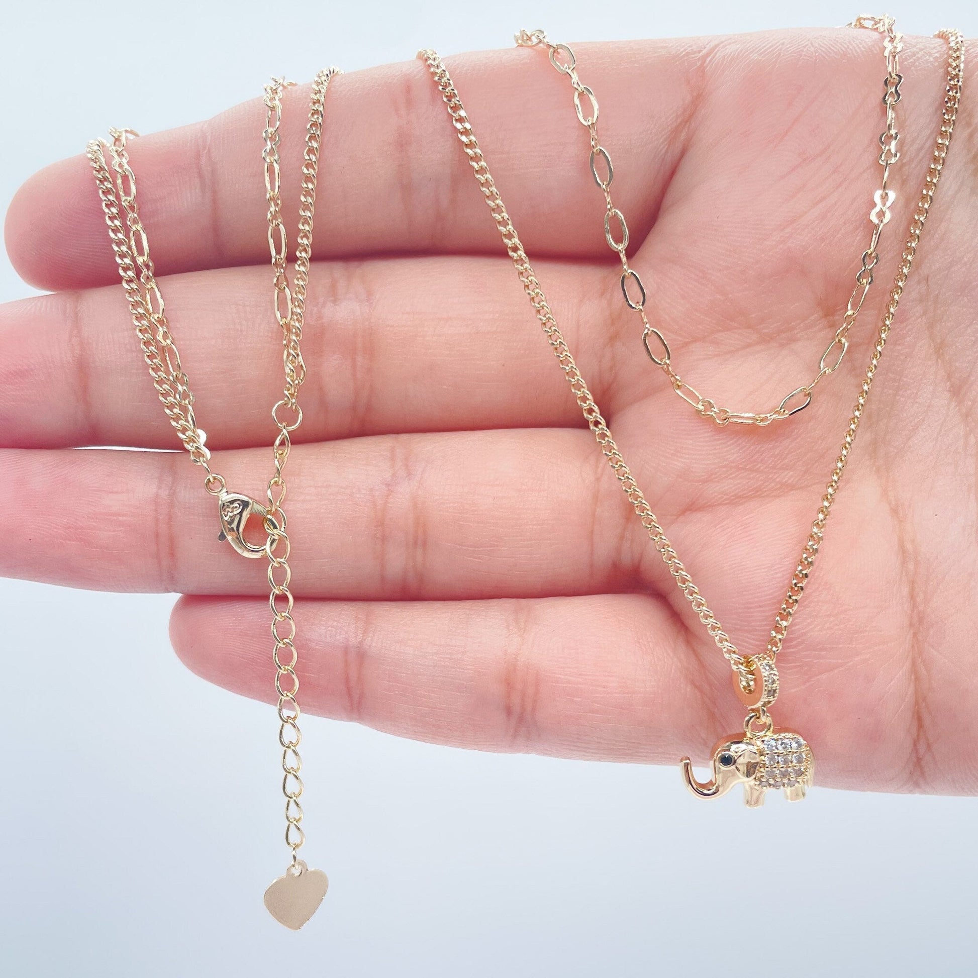 18k Gold Filled Layered Thin Curb And Cable Chain Necklaces Featuring Cute Elephant Charm Good tune Jewelry