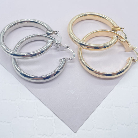 18k Gold Layered Thick Flat Inside Hoop Earrings, Plain Gold Fat 40mm Hoops,